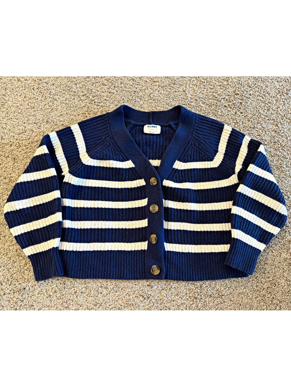 Old Navy Cropped Striped Cardigan S Navy Cream Chunky Knit Button-Up Classic